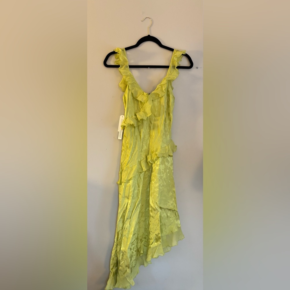 NWT Anthropologie Lime/Chartreuse Green Ruffle Asymmetrical Slip Dress